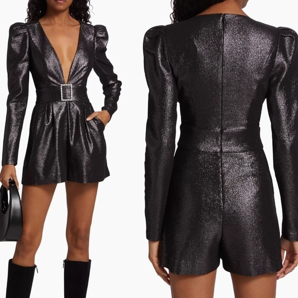 Ramy Brook Pants - NEW Ramy Brook Brooke Metallic Belted long sleeves Romper sz 12